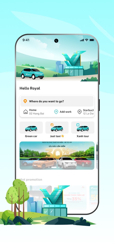 Green SM: Book EV rides - アプリのホーム画面には、目的地入力フィールドと、「Green car」「Just taxi」「Xanh tour」といった複数の配車オプションが分かりやすく表示されています。