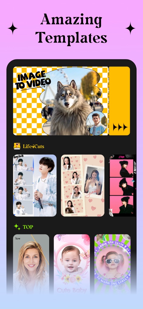 Ritmo Video: AI Video Generate - Explore an extensive collection of ready-to-use templates, ranging from creative "Image to Video" transformations to popular "Life4Cuts" layouts.