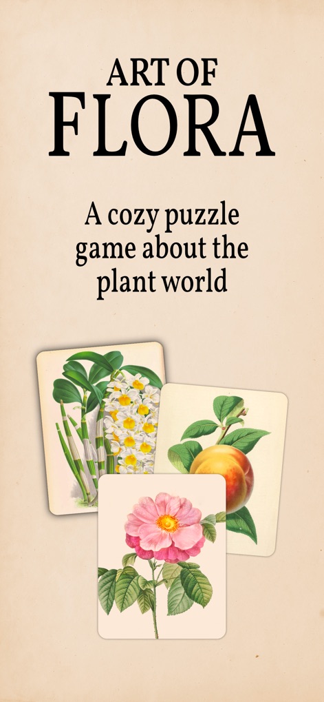 Art of Flora: Cozy Puzzles - L'app si presenta con il suo nome distintivo "Art of Flora" e mostra immediatamente la sua essenza attraverso tre delicate illustrazioni botaniche, raffiguranti un'orchidea, una pesca e una rosa.