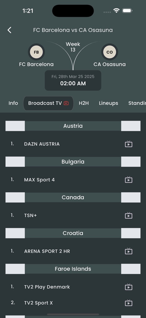 KUKI Football - Nach Auswahl eines Spiels wird der Match-Header 'FC Barcelona vs CA Osasuna' angezeigt, und der Reiter 'Broadcast TV' listet verfügbare Sender wie 'DAZN AUSTRIA' auf.