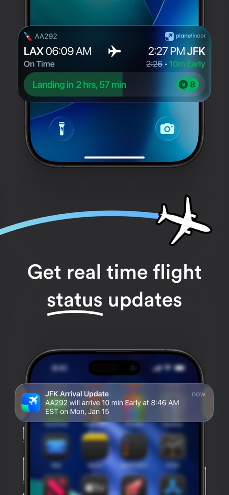 Plane Finder ⁃ Flight Tracker - This tool delivers critical flight status information through clear notifications, detailing "landing times" and "arrival updates" directly to the user's device.