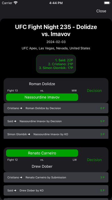MMA Prediction Game Screenshot