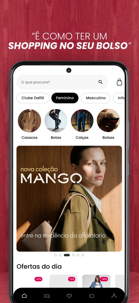 Dafiti - Your smartfashion - Users can easily navigate product categories via distinct tabs like 'Feminino' and 'Masculino' and explore trending collections highlighted in the prominent 'nova coleção MANGO' banner.