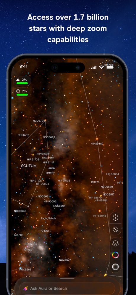 Night Sky App Store screenshot 4, headline “Access over 1.7 billion stars with deep zoom capabilities”. Uses a number.