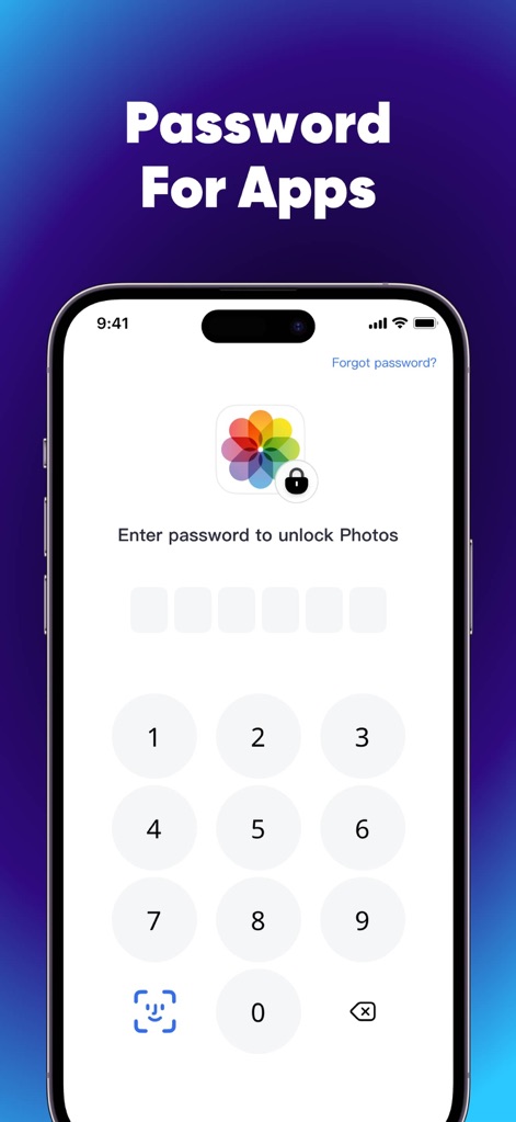 App Lock - Lock Apps . - This view details the secure password input screen for sensitive apps like Photos and prominently displays the Face ID icon for convenient biometric unlocking.