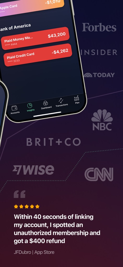 PocketGuard – Budgeting App - This view illustrates the integrated dashboard with 'Accounts' and 'Insights' navigation, enabling users to see balances from various 'Plaid Money Man' and 'Plaid Credit Card' accounts in one place.