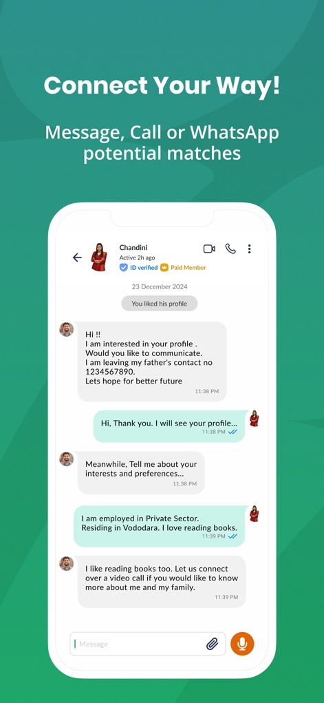 GujaratiMatrimony - Shaadi App - La schermata di chat permette agli utenti di comunicare direttamente tramite messaggi e offre opzioni per chiamate vocali e video, facilitando l'interazione.