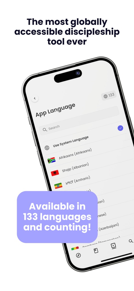 MessengerX App - L'application offre une personnalisation linguistique avancée avec la sélection de l'une des 133 langues disponibles et une fonction de recherche rapide.