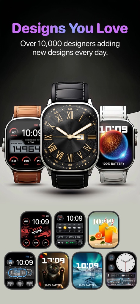 Watch Faces App - Watchmaker - 사용자는 수많은 디자이너가 매일 추가하는 워치 페이스를 탐색할 수 있으며, 고전적인 아날로그 디자인과 현대적인 디지털 디스플레이를 모두 포함합니다.