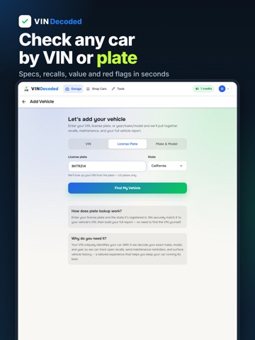 VIN Check Report, Plate Lookup iPad screenshot