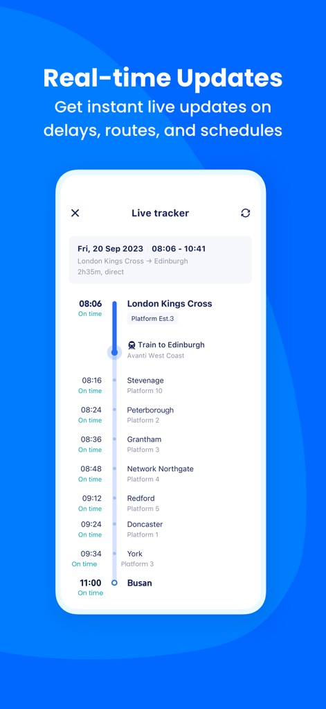 TrainPal: UK& EU train tickets - Dieses Tool bietet detaillierte Echtzeit-Updates mit einem 'Live Tracker', der eine chronologische Auflistung der Haltestellen und wichtige Informationen wie die Ankunftszeit und den Bahnsteig für jede Station anzeigt.