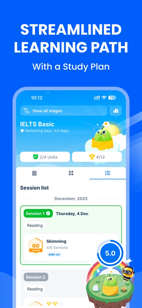 Prep-Smart learning& test prep - Questo strumento organizza il percorso di studio in sessioni strutturate, con una 'Session list' che dettaglia le lezioni come 'Session 1 Reading Skimming', e indica il progresso con '2/4 Units' completate.
