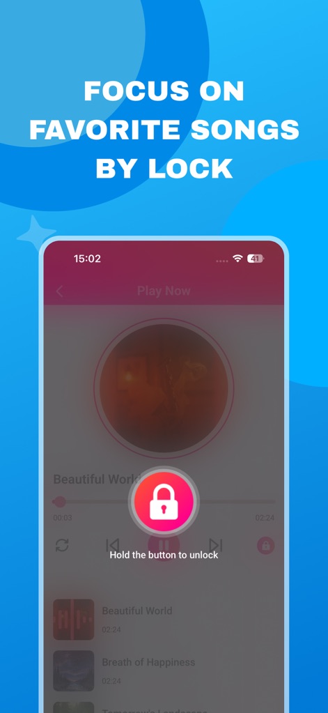 MeloZen: Vibe Your Music - The app offers a unique screen lock feature, allowing users to remain immersed in their favorite music without accidental interruptions from the playback controls.