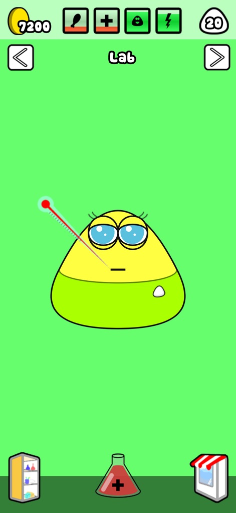 Pou - Observe Pou in the lab, demonstrating a thermometer indicating sickness and the potion bottle, showing users can care for their pet's health and wellbeing.