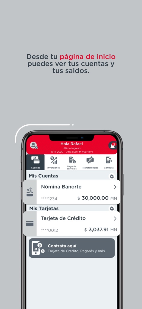 Banorte Movil - Desde la página de inicio, los usuarios pueden visualizar de manera inmediata los saldos de 'Mis Cuentas', como la Nómina Banorte, y un resumen de 'Mis Tarjetas', incluyendo el monto disponible de la Tarjeta de Crédito para un control financiero claro.