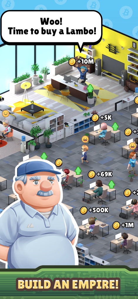 Bitcoin Empire - The app illustrates the pinnacle of success with a grand, multi-person office environment and the celebratory "Woo! Time to buy a Lambo!" message.