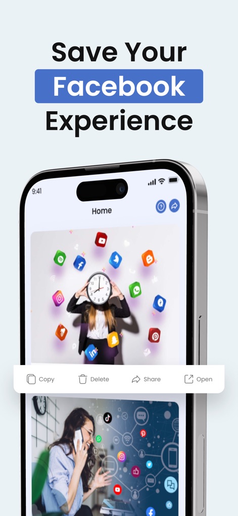 FSave Video, Story, Reel Saver - This tool helps users curate their Facebook experience by showcasing a 'Home' section for saved content and providing options to 'Copy' or 'Share' media effortlessly.