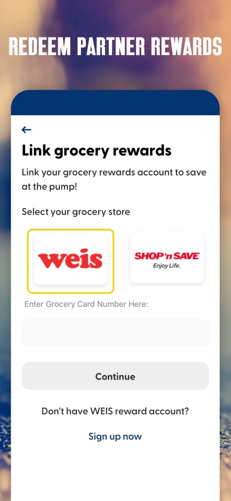 Sunoco - ユーザーは「Weis」や「Shop 'n Save」といった提携スーパーマーケットのロゴを確認でき、食料品カード番号を入力して特典を連携する機能を利用できます。