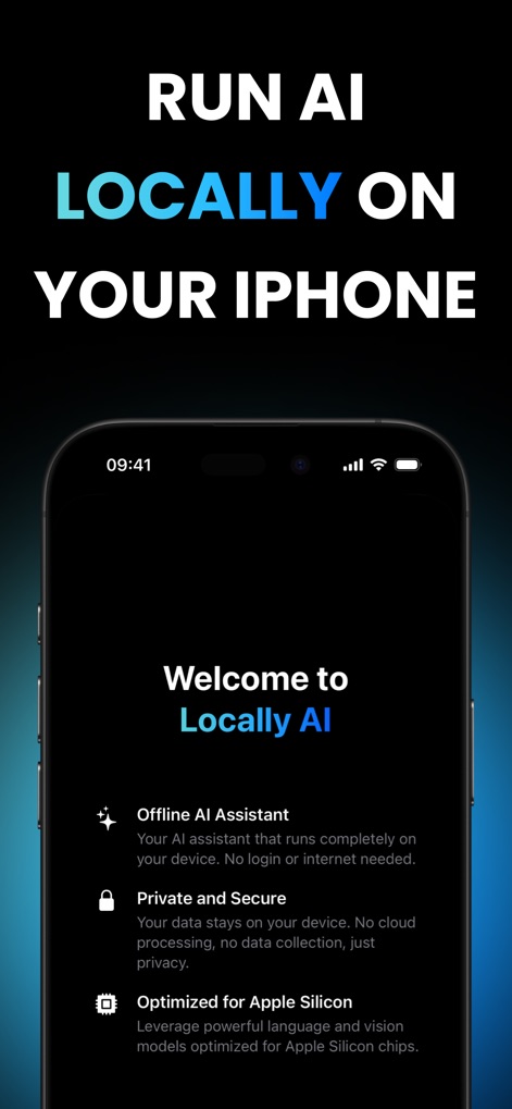 Locally AI - Local AI Chat - This introductory screen highlights the app's core benefits, showcasing its "Offline AI Assistant" capabilities and "Optimized for Apple Silicon" performance for privacy-conscious users.