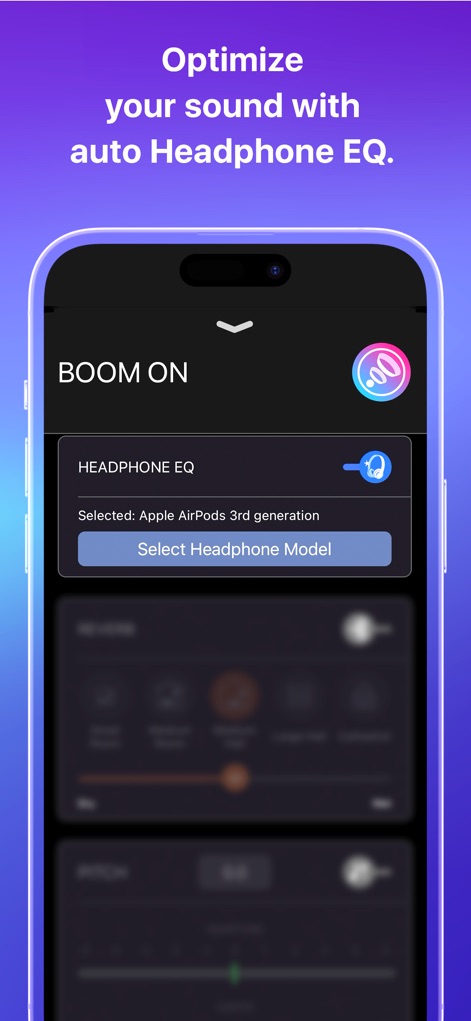 Boom: Bass Booster & Equalizer - Witness the automatic headphone equalization feature, which identifies the connected headphone model like "Apple AirPods 3rd generation" and offers a "Select Headphone Model" option for tailored sound.