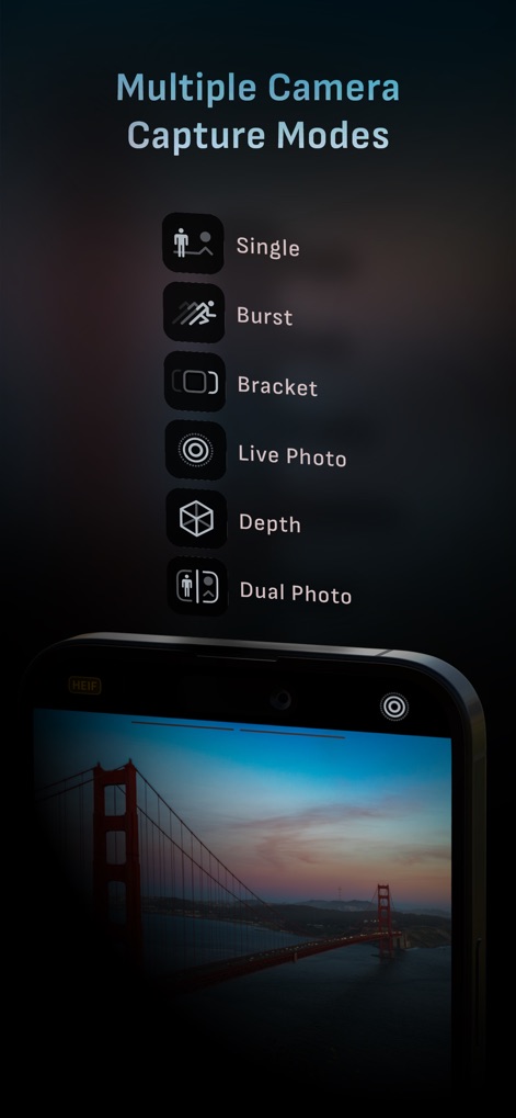 Camera M - Pro Manual Camera - Users can choose from multiple capture options, including Burst mode for action sequences and Depth mode for stunning portraits.
