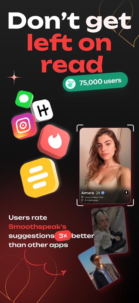 Smoothspeak: AI Dating Coach - La aplicación destaca su compatibilidad con diversas plataformas de citas, visibles a través de los iconos de aplicaciones como Tinder e Instagram, y subraya su popularidad con la cifra de 75,000 usuarios.