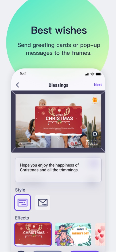 Uhale - Nutzer können persönliche Nachrichten und Wünsche übermitteln, wie die Vorschau einer 'Merry Christmas'-Grußkarte und die Vielfalt der ansprechenden 'Effects'-Vorlagen für verschiedene Anlässe zeigt.