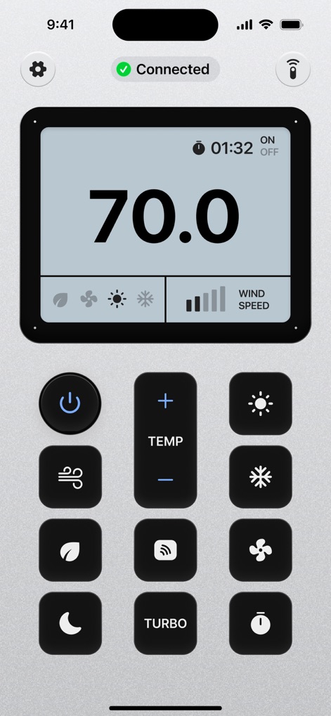 Smart AC Remote Controller App - Users can achieve precision climate control, evident in the large digital temperature reading (70.0) and the comprehensive array of dedicated buttons for fan speed, mode, and turbo functions.