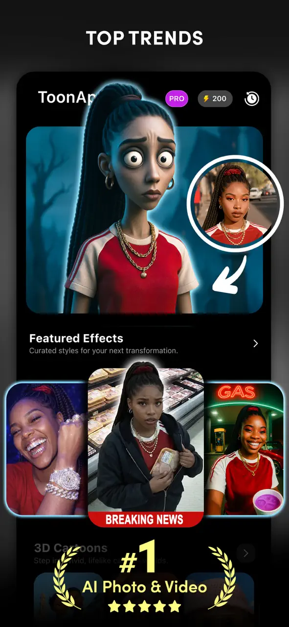 Interfaz móvil de ToonApp que muestra los filtros de fotos de IA de moda y efectos de transformación de dibujos animados