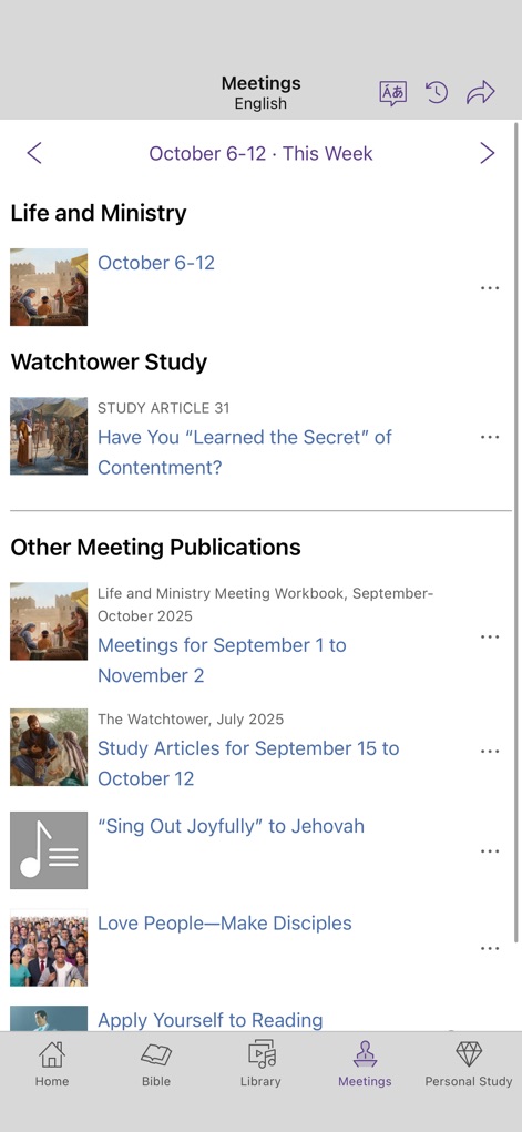 JW Library - This section streamlines meeting preparation by providing direct access to the current week's "Life and Ministry" materials and "Watchtower Study" articles, ensuring users are well-equipped.