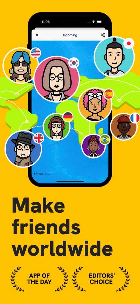 Slowly: Make Global Friends - The app showcases how users can connect with diverse avatars from various countries, represented by flag backgrounds on a global map.