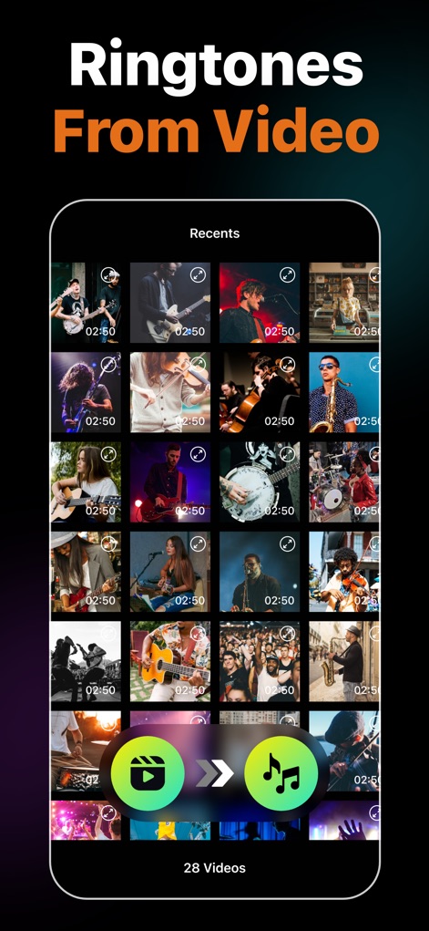 Ringtone Maker Garage - Effortlessly convert video files into custom ringtones, with the app displaying recent video selections and clear extraction controls.