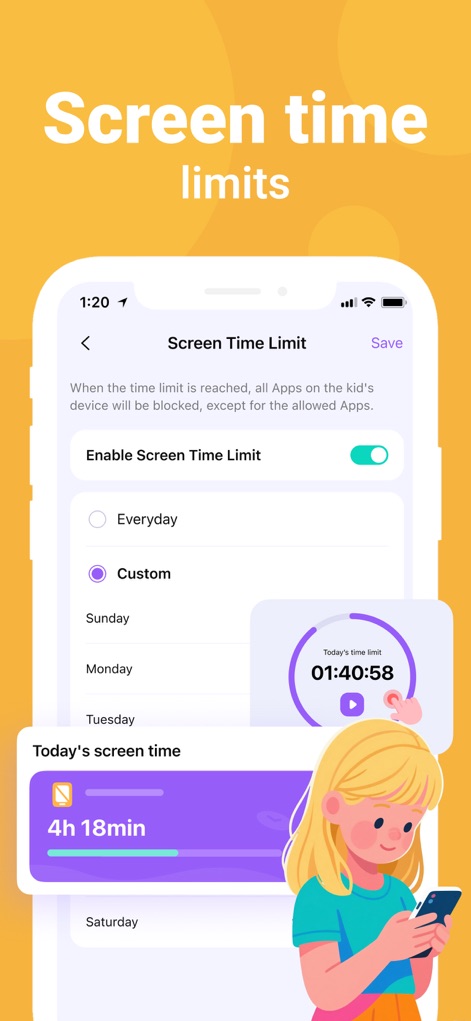 FamiSafe: Parental Control App - Esta funcionalidad permite establecer "límites de tiempo de pantalla" personalizados, con un práctico toggle para "Enable Screen Time Limit" y visualizar el tiempo restante.