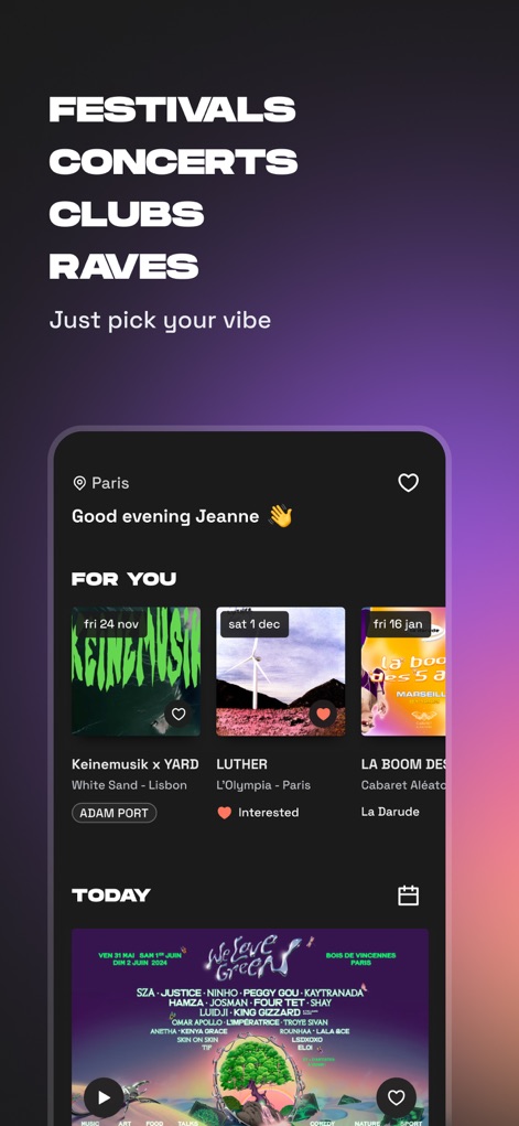 Shotgun: Live Music Experience - Die App begrüßt Nutzer mit einer personalisierten Ansicht und präsentiert eine vielfältige Auswahl an Event-Kategorien wie Festivals, Konzerte, Clubs und Raves.
