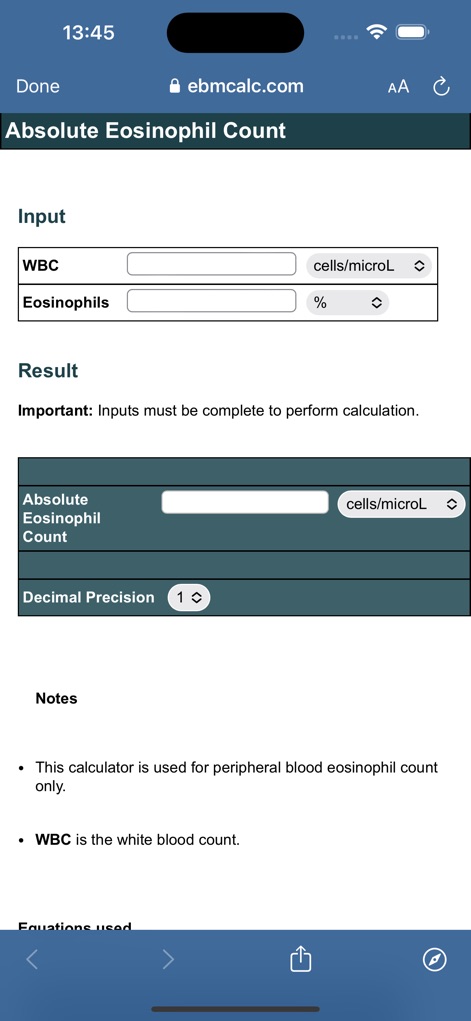 BMJ Best Practice - Questo strumento integra calcolatori medici come l'"Absolute Eosinophil Count", con campi di input specifici e un'area "Result" dedicata per risultati immediati.
