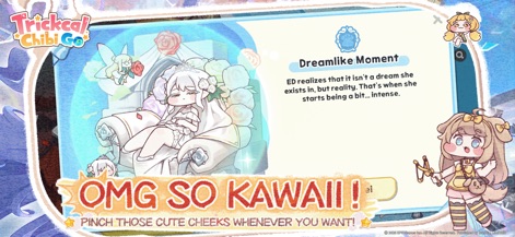 Trickcal: Chibi Go - This screenshot highlights the 'OMG SO KAWAII!!' aesthetic through character interaction dialogue and the charming visual of a chibi character seated on a throne.