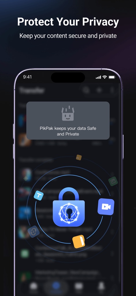 PikPak - Cloud Storage & Saver - Understand the robust security measures, highlighted by the centralized lock graphic and the explicit data privacy assurance message.