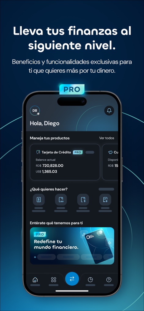 Qik Banco Digital - Discover the app's premium "PRO" features, showcasing an enhanced credit card overview and exclusive content like the "Redefine tu mundo financiero" section.