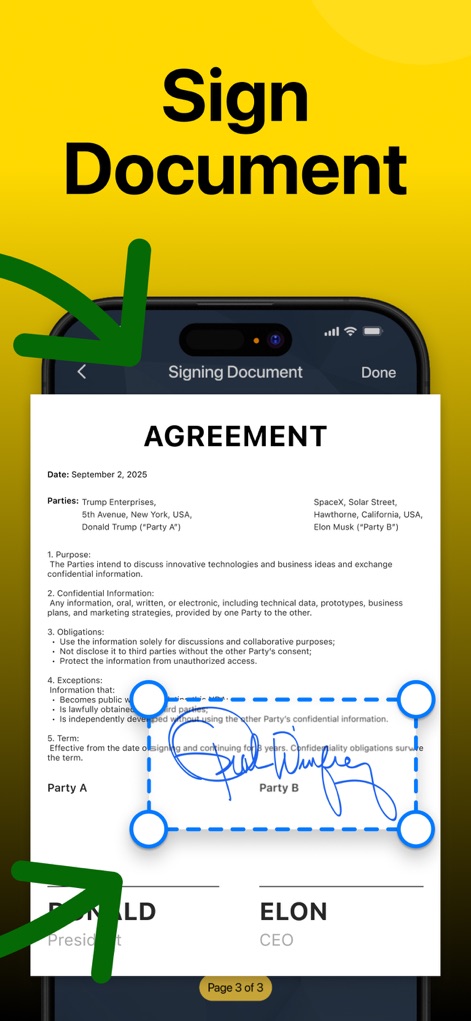 e Signature Scanner, Sign PDF - This tool enables users to sign digital documents by placing their signature into a designated field within a professional agreement document on their device.
