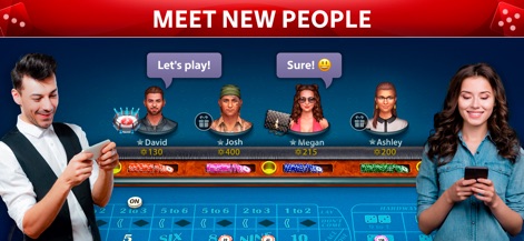 Vegas Craps by Pokerist - Los avatares de jugadores y los chats integrados, como los mensajes 'Let's play!', demuestran la capacidad de la aplicación para fomentar la interacción y la comunidad global.