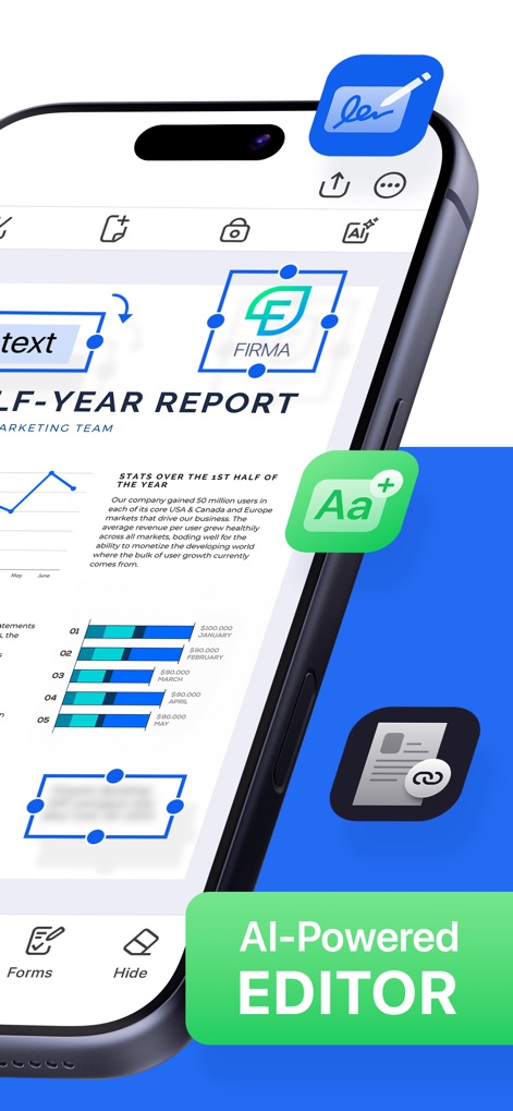 Forma: PDF Document Editor - AIを活用したスマートな編集機能により、文書内のテキスト調整やロゴの追加が可能となり、作業効率が大幅に向上します。