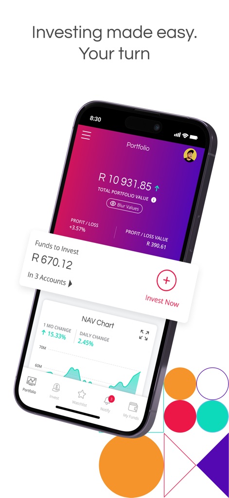 EasyEquities - L'app offre una panoramica chiara del portafoglio, mostrando il valore totale degli investimenti e i fondi disponibili per investire, rendendo semplice monitorare e accrescere gli asset.