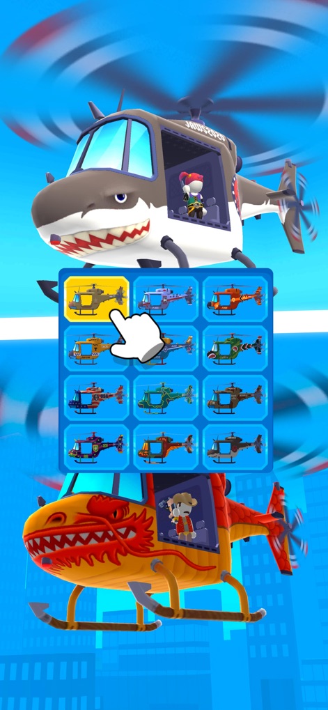 Heli Monsters - Giant Hunter - Explore the app's diverse customization options, showcasing creative helicopter designs such as the fierce shark-themed and majestic dragon-themed choppers.