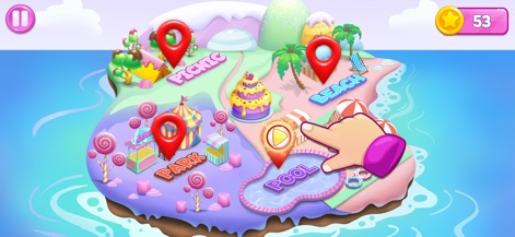 Like Nastya: Party Time - Users can navigate through various festive party locations displayed on a colorful island map, with clear location pins indicating areas like the Beach and Pool.