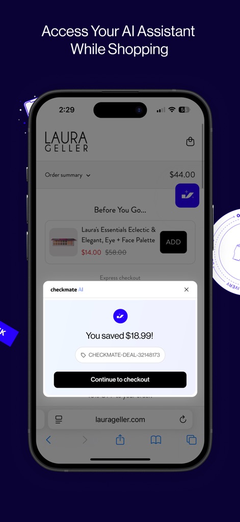 Checkmate: Save While You Shop - This screenshot illustrates the "checkmate AI" automatically applying discounts at checkout, instantly revealing "You saved $18.99!" before users proceed.