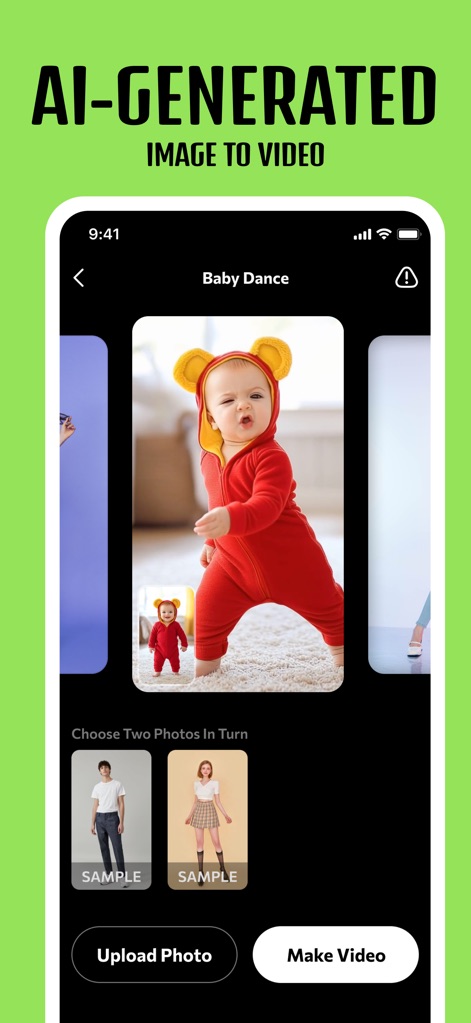 Photo Dance: AI Baby Dance - The app simplifies creating viral baby dance videos, enabling users to choose the 'Baby Dance' preset and easily 'Upload Photo' from their gallery.