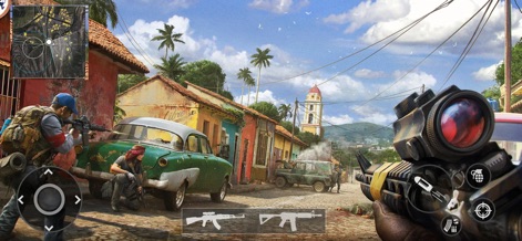 Cover Fire 3D: Gun Games 2026 - La escena sumerge a los usuarios en un intenso tiroteo urbano, donde un personaje se cubre junto a un coche antiguo, y la mira de francotirador en primer plano sugiere un combate a distancia.