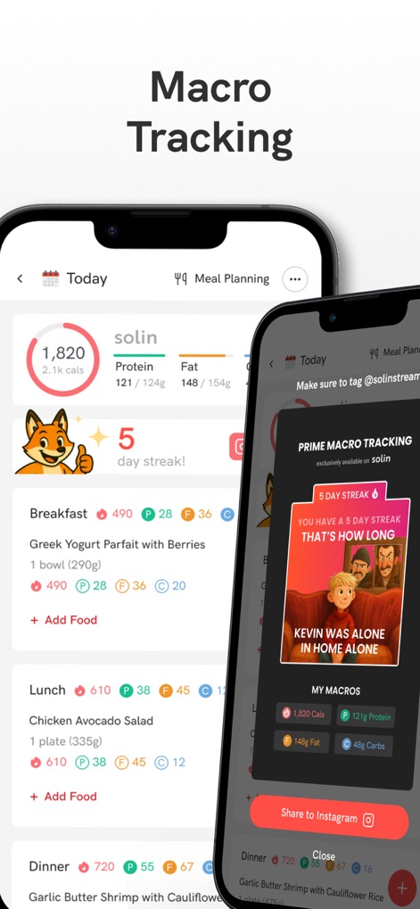 Solin: Challenges & Nutrition - The app provides a comprehensive daily macro overview, alongside detailed meal logging entries with calorie and macronutrient breakdowns.