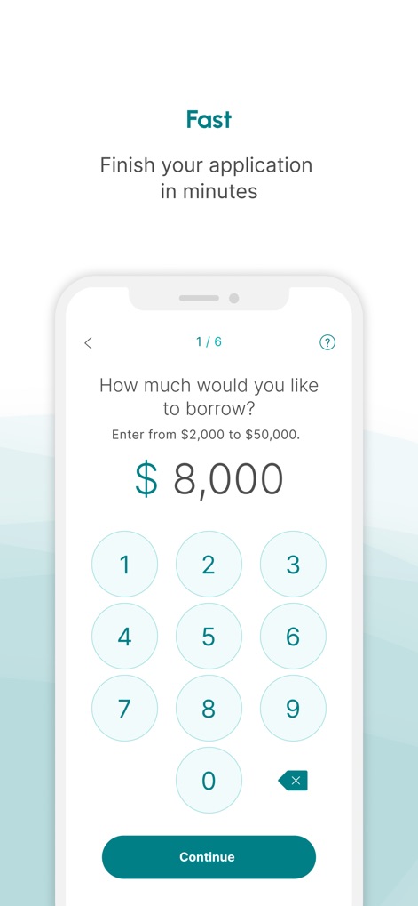 Prosper: Personal Loans - Der Antragsprozess ist effizient, da Nutzer den gewünschten Kreditbetrag schnell über die digitale Tastatur eingeben und ihre Anfrage fortsetzen können.
