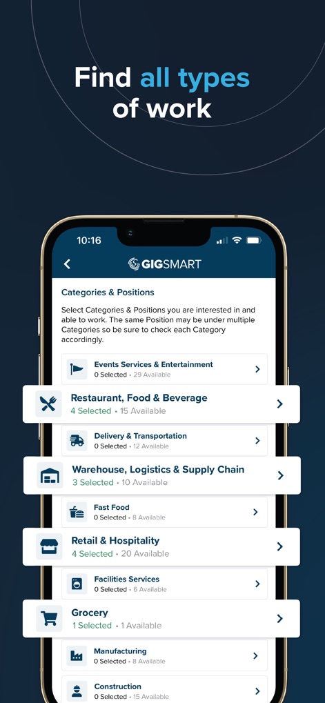 GigSmart Get Gigs - Gli utenti possono esplorare una vasta gamma di categorie e posizioni, come "Restaurant, Food & Beverage" con 15 disponibilità, e "Warehouse, Logistics & Supply Chain", consentendo di trovare opportunità in qualsiasi settore.